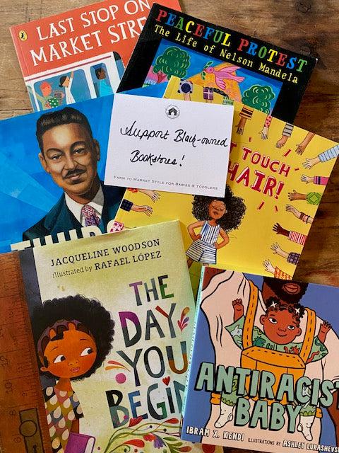 Support Black-owned Bookstores message with books authored by Black authors featuring Black and POC characters in background. 