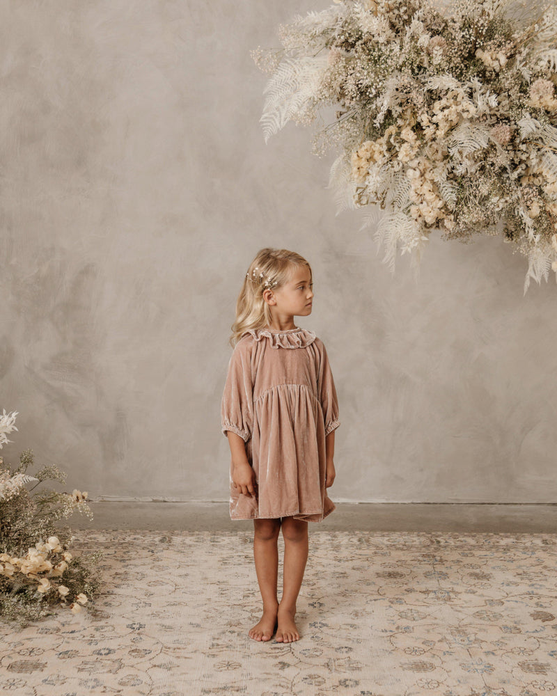 Girl wearing Noralee Velvet Adeline Dress in Dusty Rose  standing in room surrounded by floral bouquets 