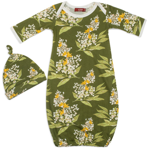 Milkbarn Kids Bamboo Newborn Gown & Hat Set | Green Floral-Barn Chic Boutique