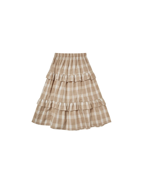 Rylee + Cru Ruffle Midi Skirt | Putty Plaid-Barn Chic Boutique